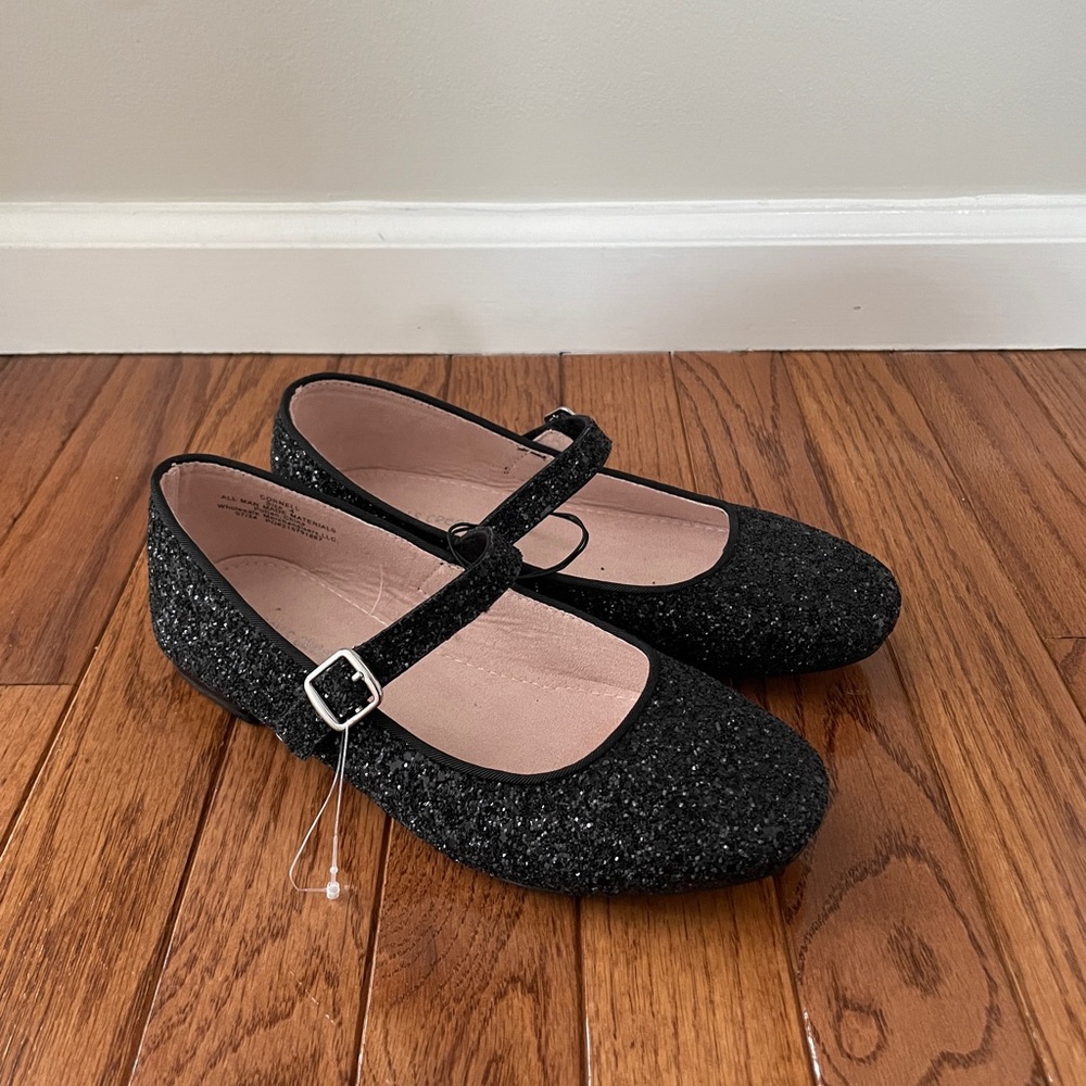 Girls Mary Janes Black Sparkle Glitter Flats Shoes 3 4